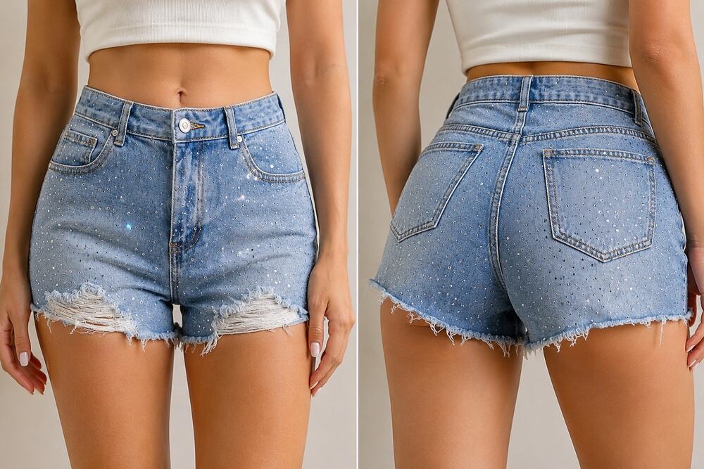 Cali 1850 Rhinestone Denim Shorts Distressed High Rise Y2K Festival Glam Size 9